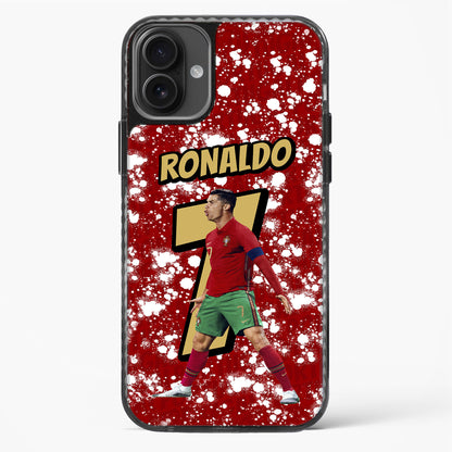 Phone case with a soccer player in a red and green uniform on a red background with white specks.
