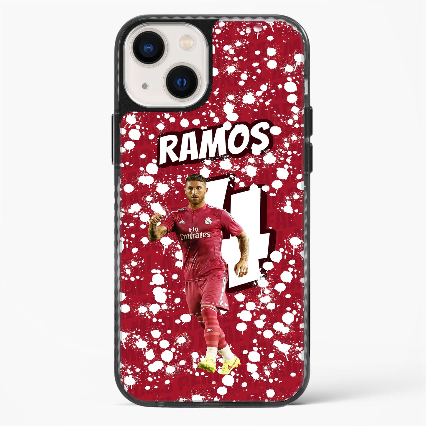 Phone case with soccer player in red uniform and 'RAMOS' text on a red and white splatter background