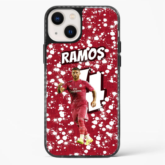 Phone case with soccer player in red uniform and 'RAMOS' text on a red and white splatter background