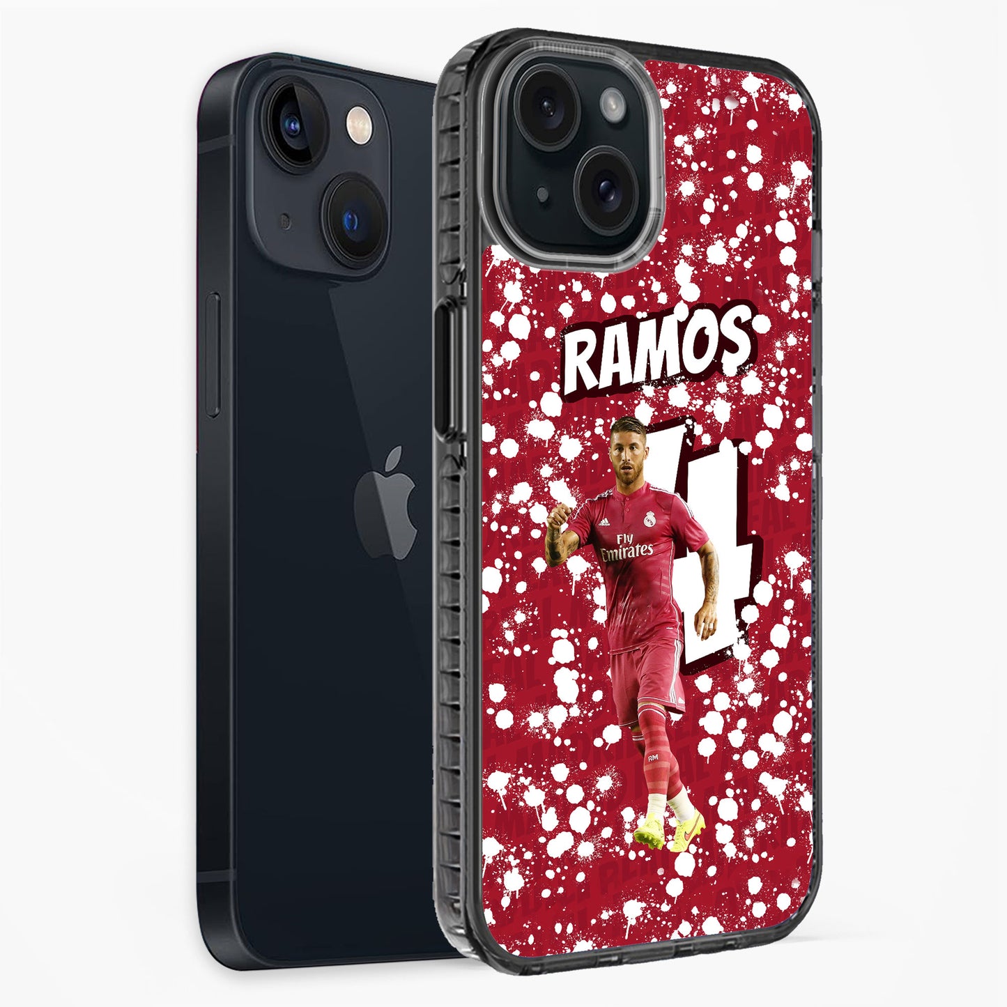 Phone case with soccer player design and 'RAMOS' text on a red background
