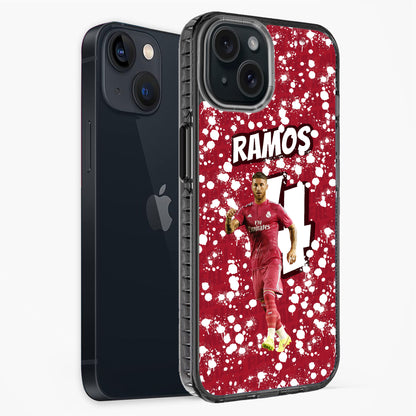 Phone case with soccer player design and 'RAMOS' text on a red background