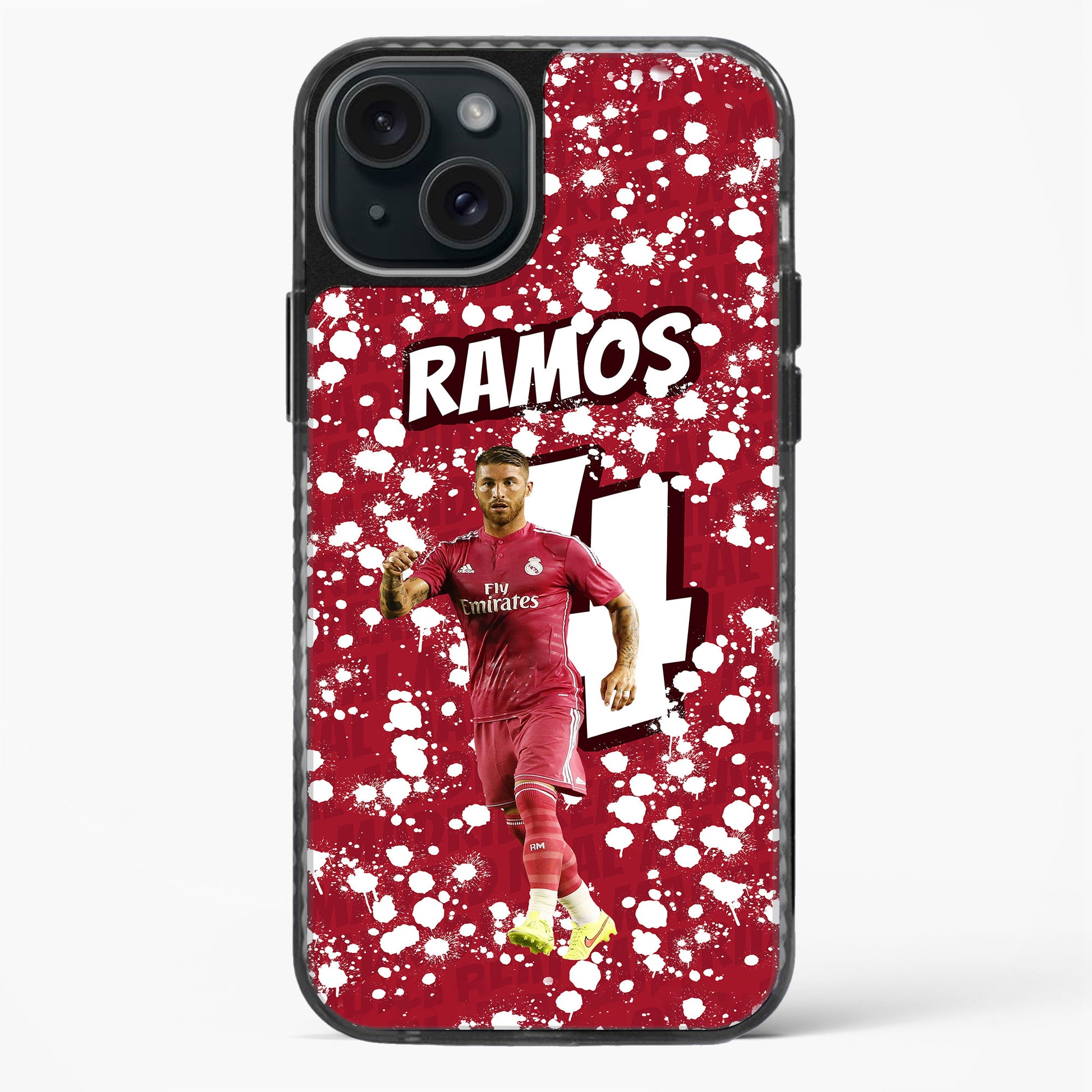 Phone case with soccer player in red uniform and 'RAMOS' text on a red and white splatter background