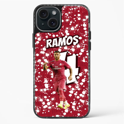 Phone case with soccer player in red uniform and 'RAMOS' text on a red and white splatter background
