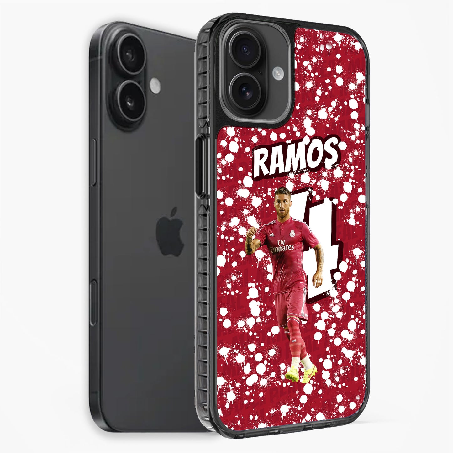 Phone case with soccer player design and 'RAMOS' text on a red background