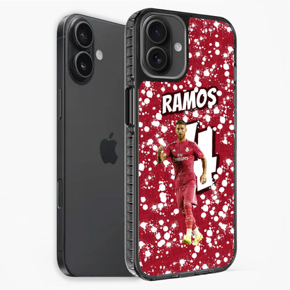 Phone case with soccer player design and 'RAMOS' text on a red background