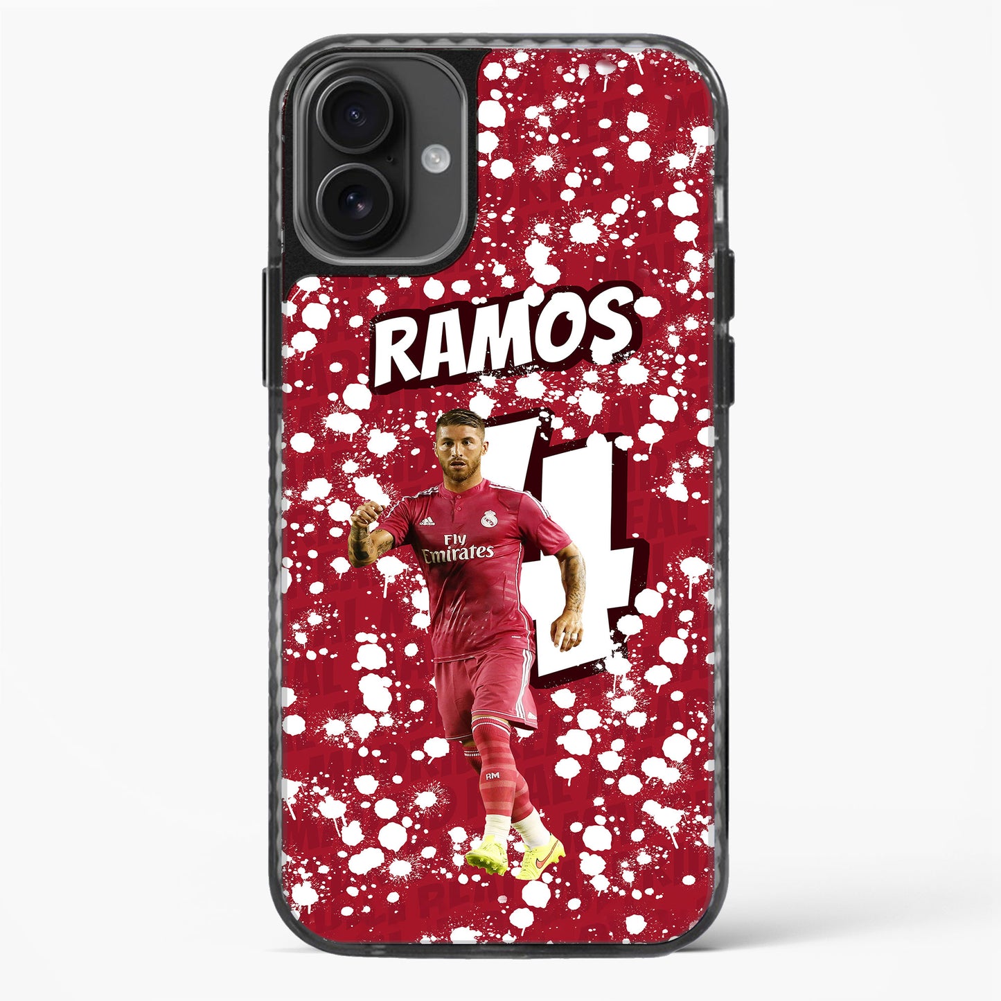 Phone case with soccer player in red uniform and 'RAMOS' text on a red and white splatter background