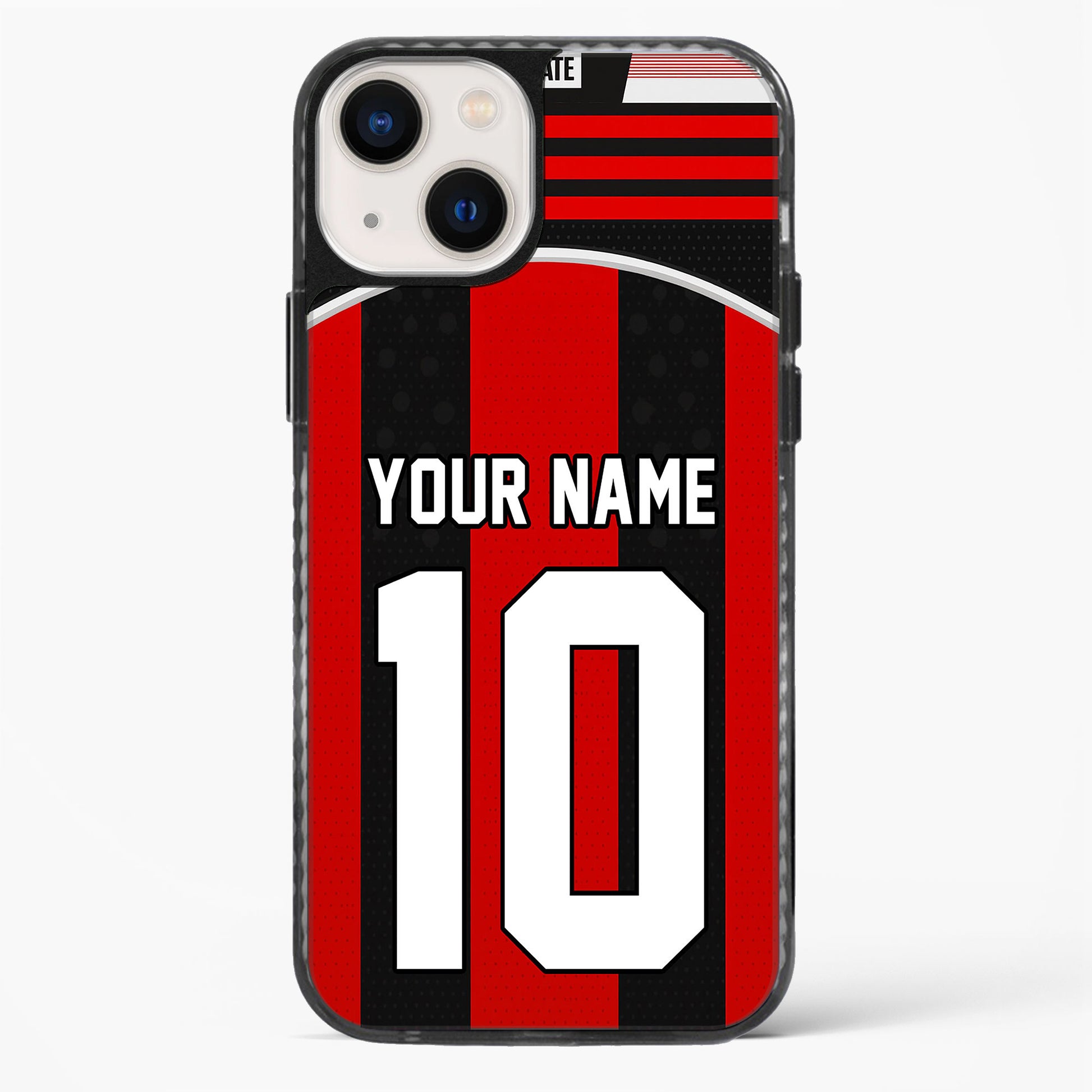 Phone case with red and black design, customizable text, on a white background
