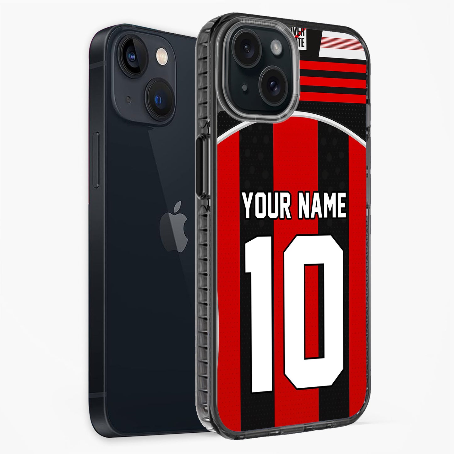 Phone case with red and black design, customizable text, on a white background