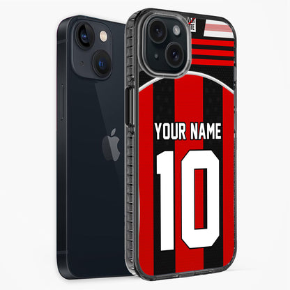 Phone case with red and black design, customizable text, on a white background
