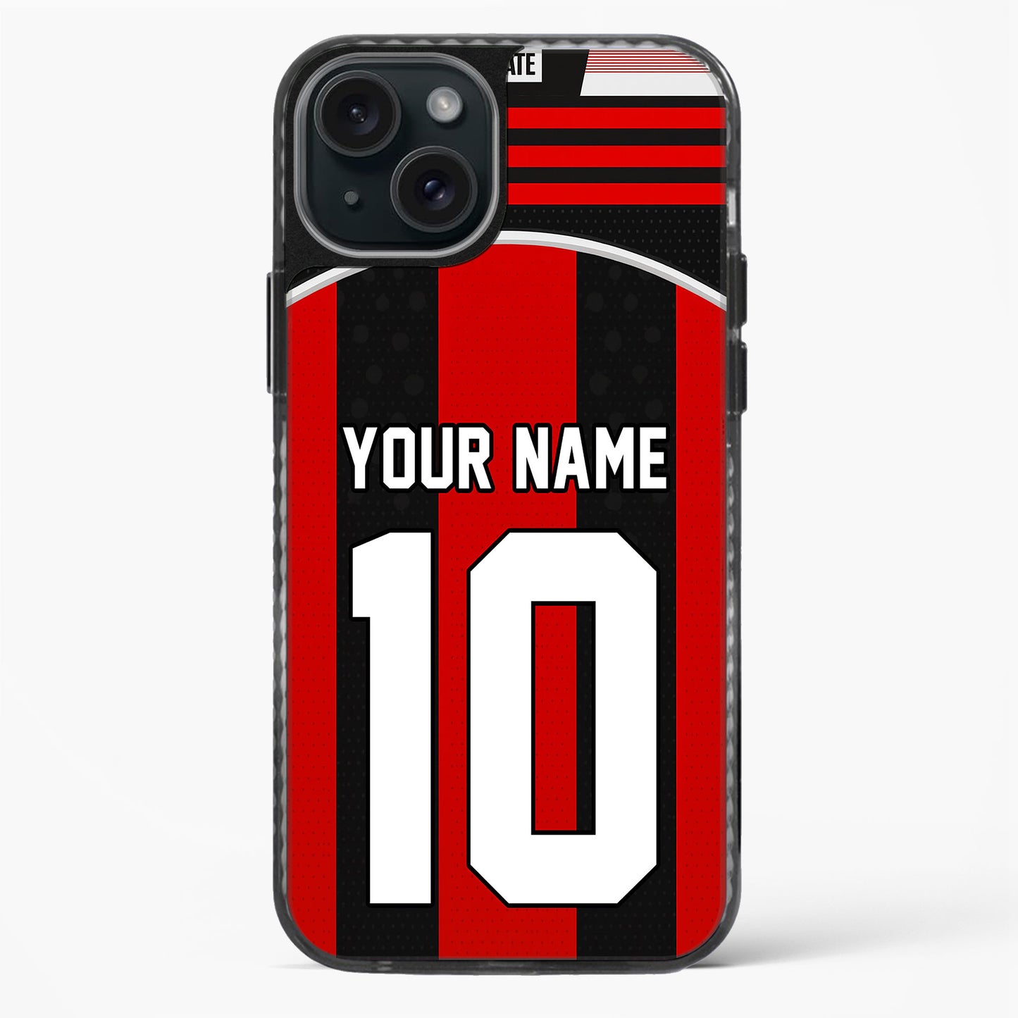 Phone case with red and black design, featuring a number '10' and space for personalization on a white background.