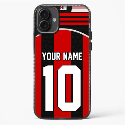 Phone case with red and black stripes and customizable text on a white background