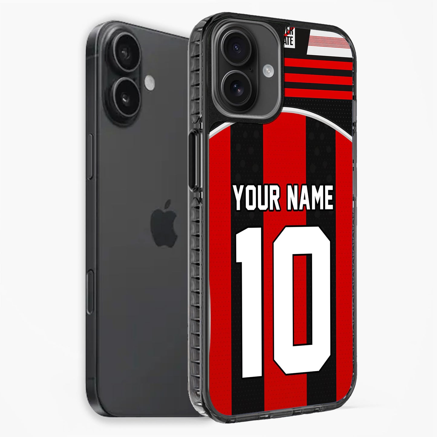 Phone case with red and black design, customizable text, on a white background