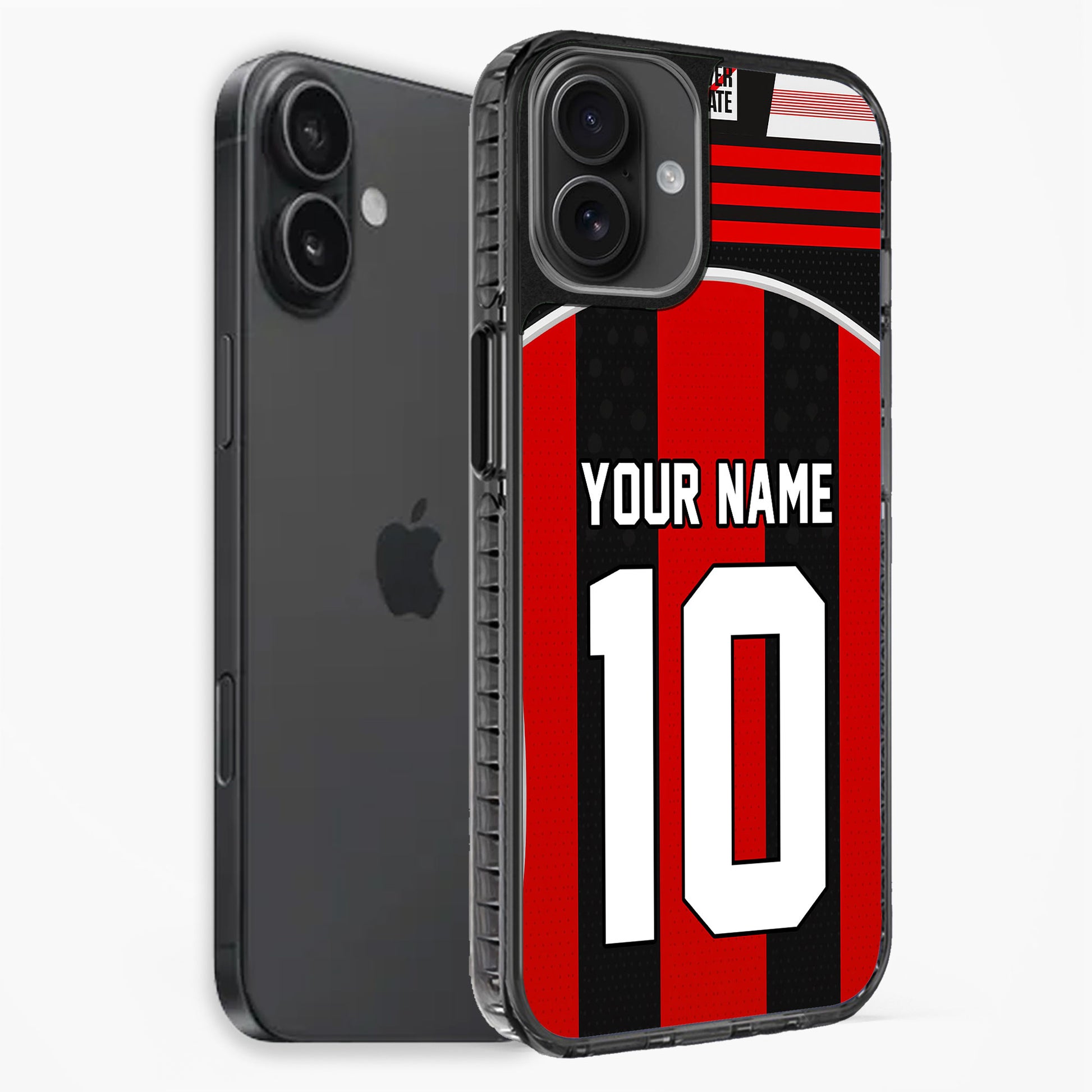 Phone case with red and black design, customizable text, on a white background