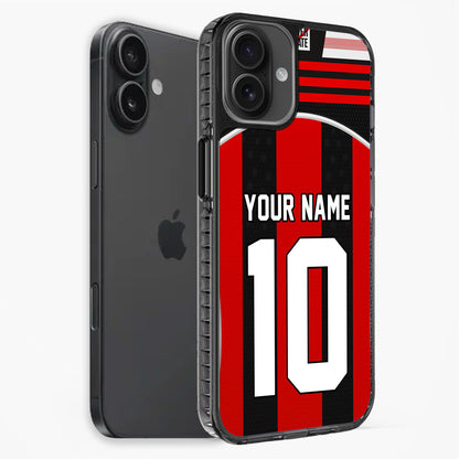 Phone case with red and black design, customizable text, on a white background