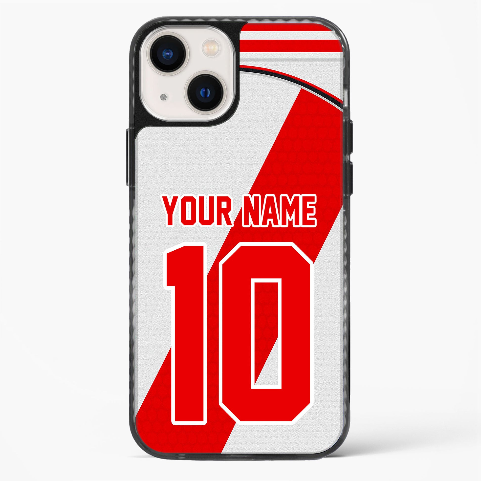 Phone case with red and white design, customizable text, on a light gray background
