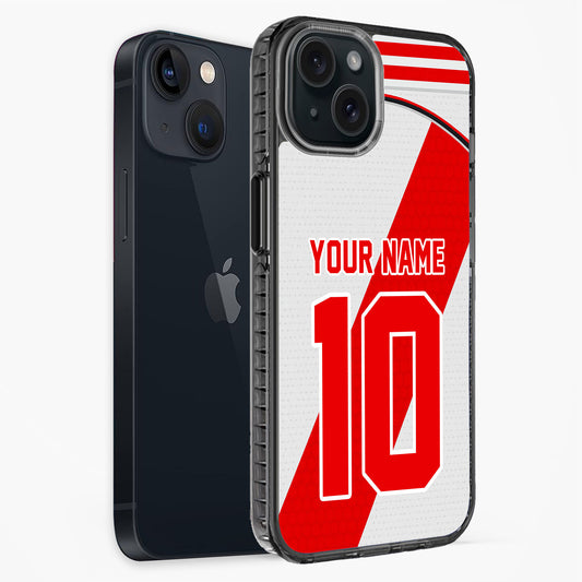 Phone case with red number 10 and customizable text on a white background