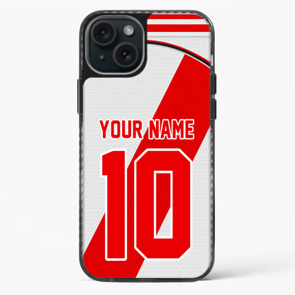 Phone case with red and white design, customizable text, on a light gray background