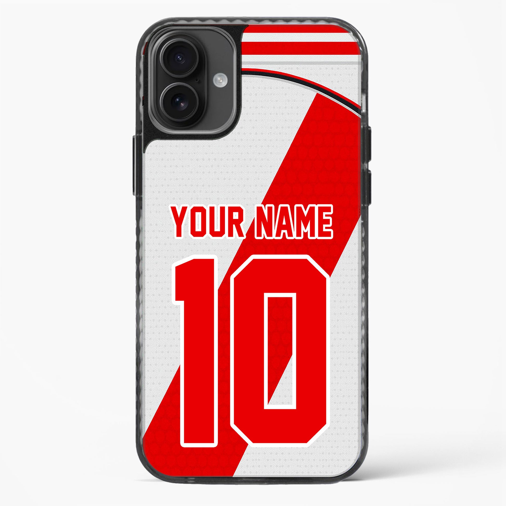 Phone case with red number 10 and customizable text on a white background