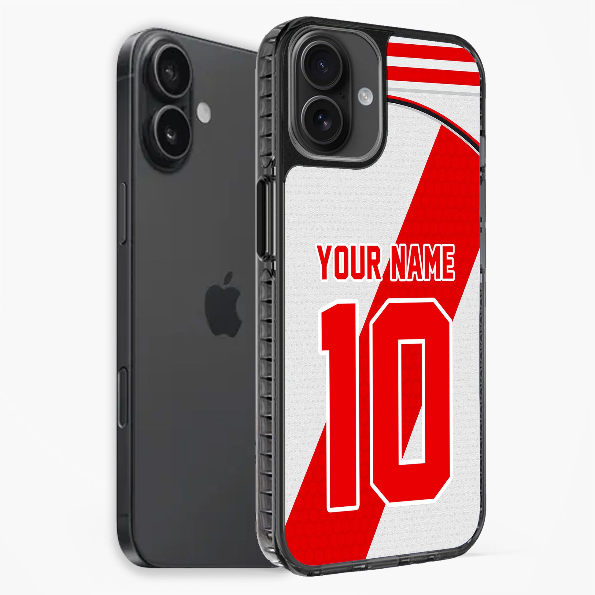 Phone case with red and white design and space for personalization on a white background