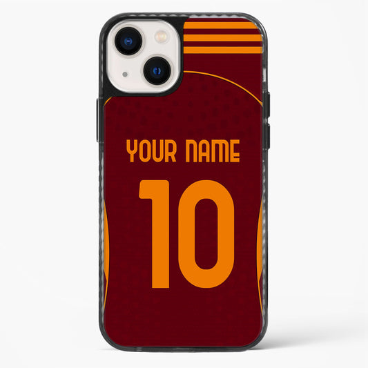 Phone case with maroon and orange design, customizable text, on a white background