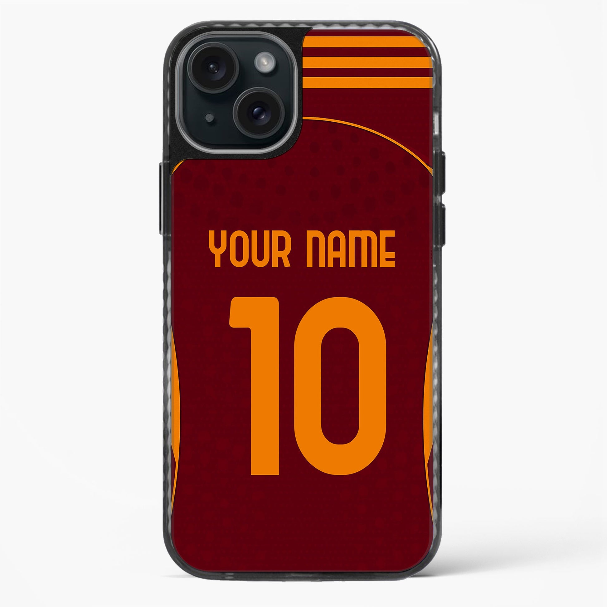 Phone case with maroon and orange design, customizable text, on a white background