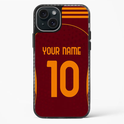 Phone case with maroon and orange design, customizable text, on a white background