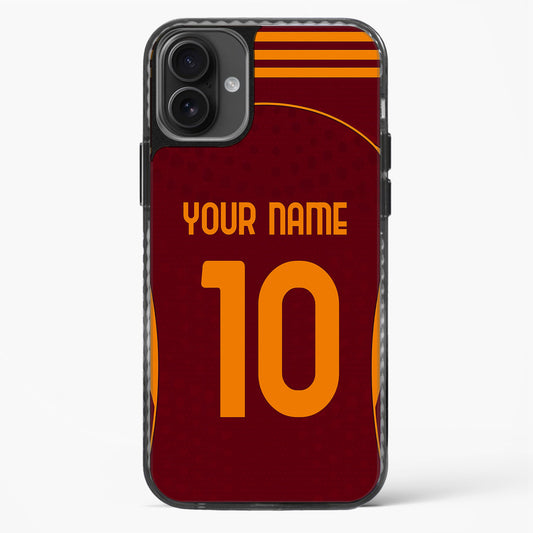 Phone case with maroon background, orange number 10, and customizable text on a white background