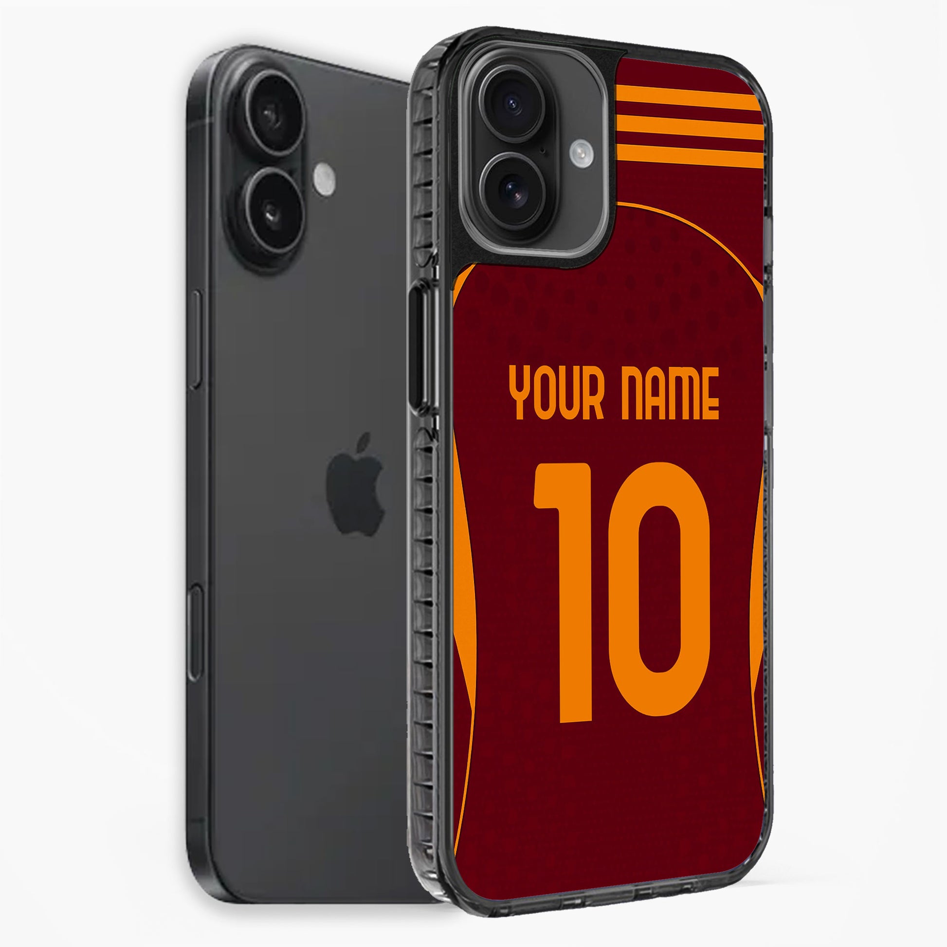 Phone case with customizable text on a white background