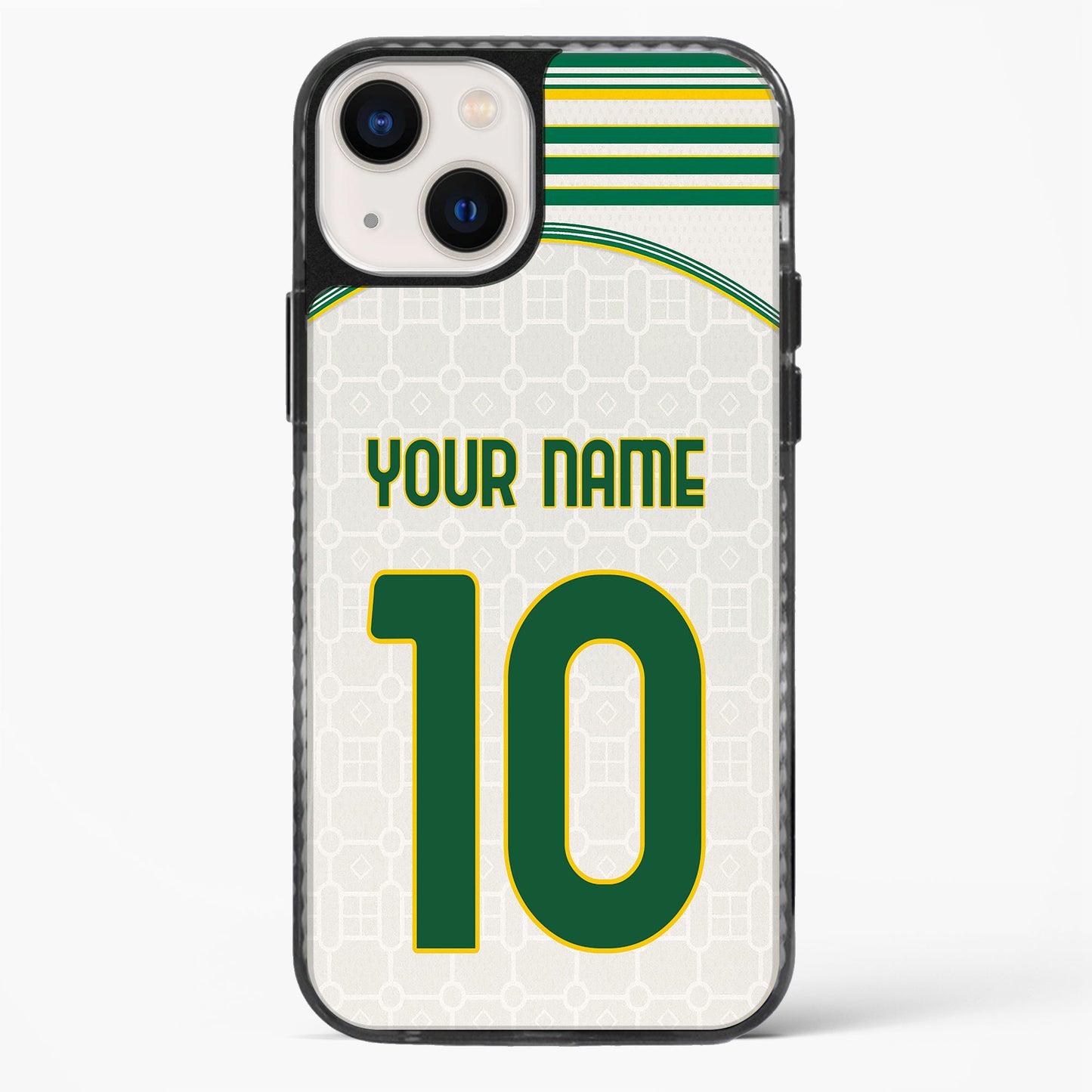 Phone case with green and yellow design, customizable text on a white background