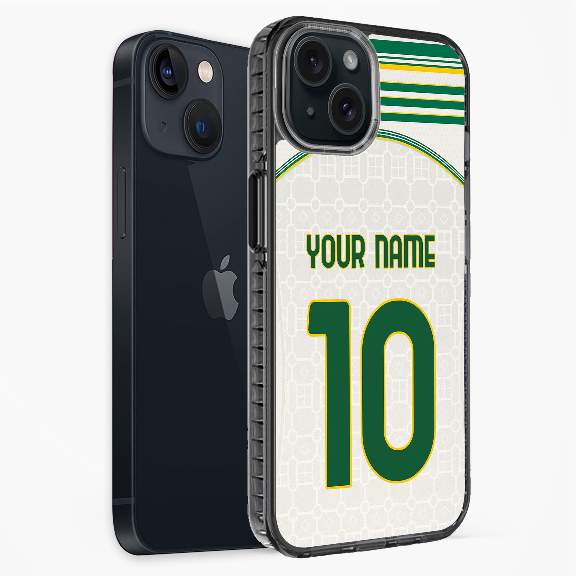 Phone case with soccer design and customizable text on a white background