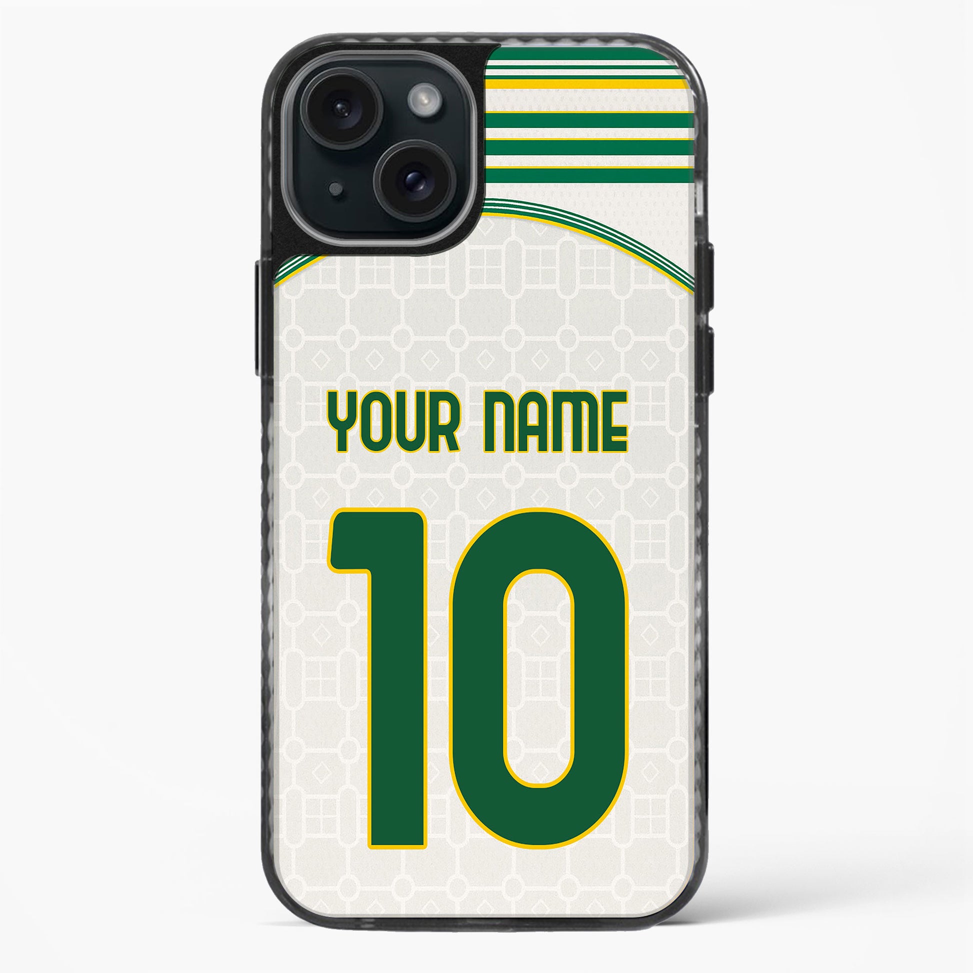 Phone case with green and yellow design on a white background