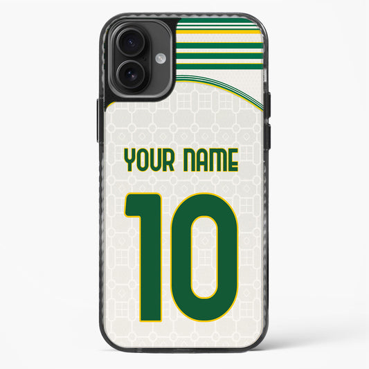 Phone case with green and yellow design on a white background