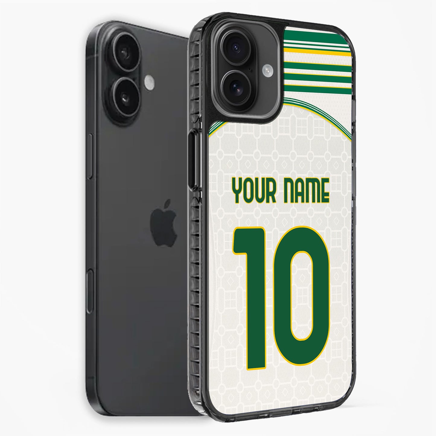 Phone case with soccer design and customizable text on a white background