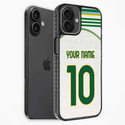 Phone case with soccer design and customizable text on a white background