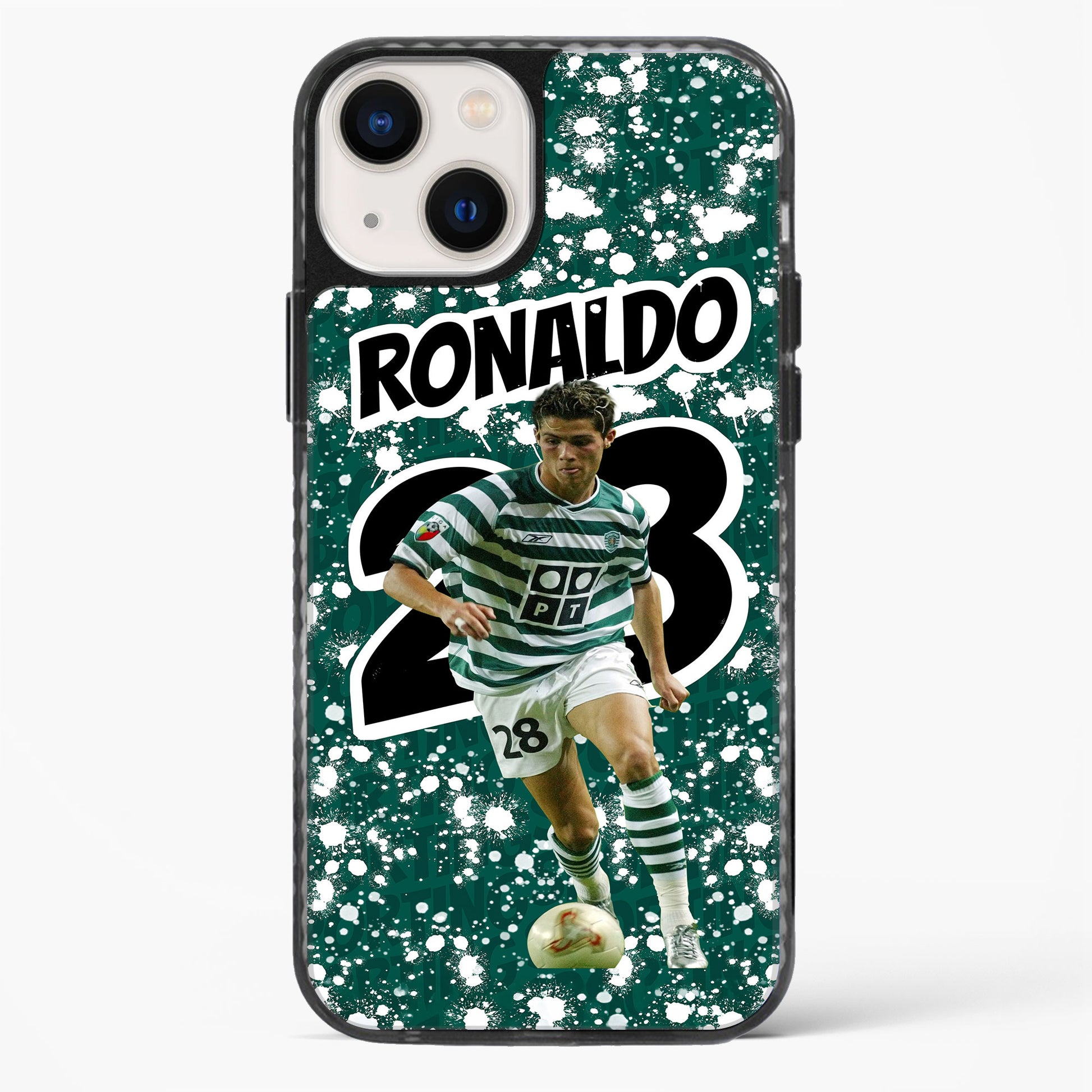 Phone case with soccer player in green and white striped jersey and number 23 on a green background