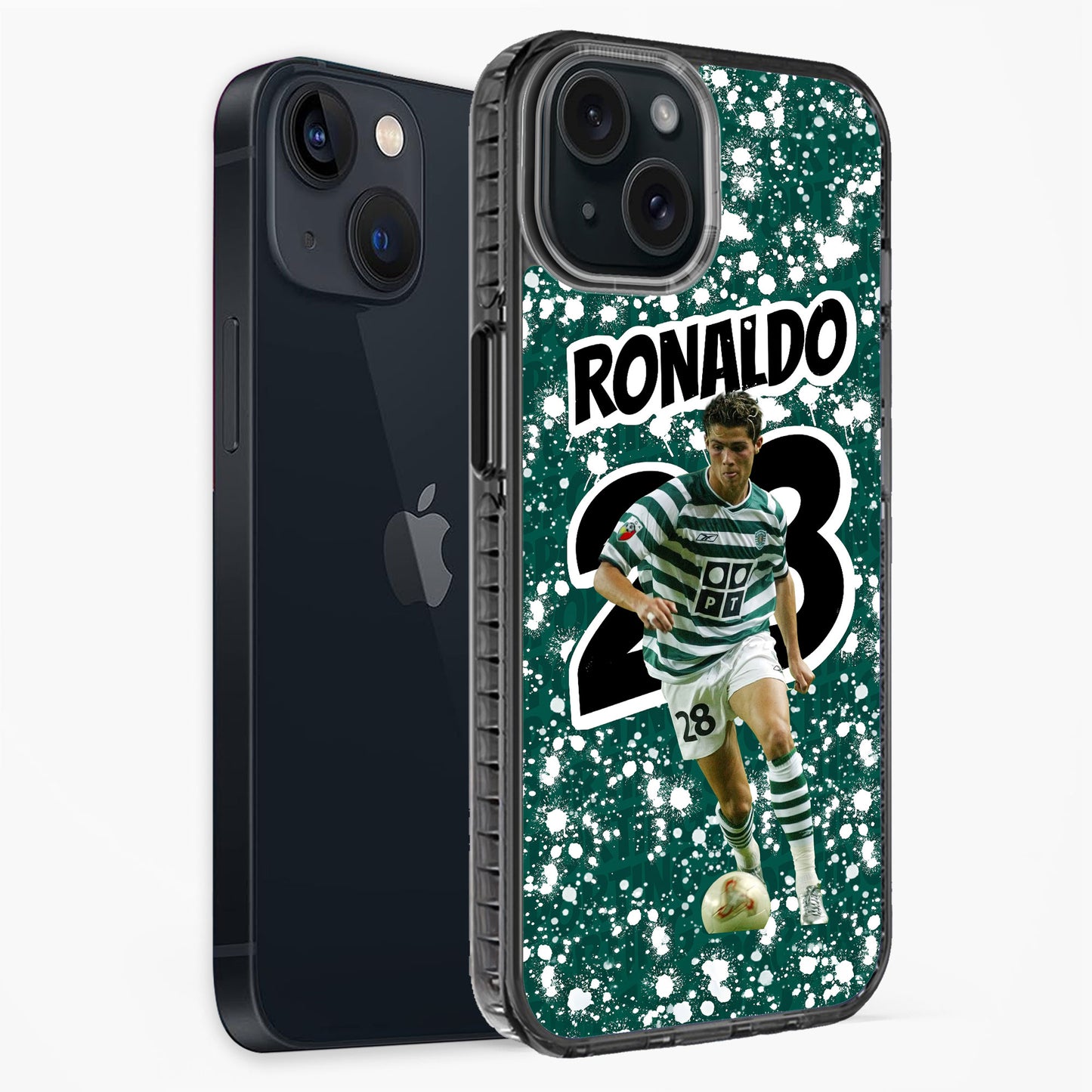 Phone case with soccer player design and 'RONALDO' text on a green background