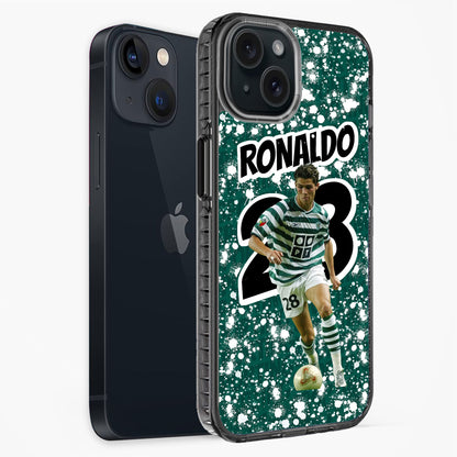 Phone case with soccer player design and 'RONALDO' text on a green background