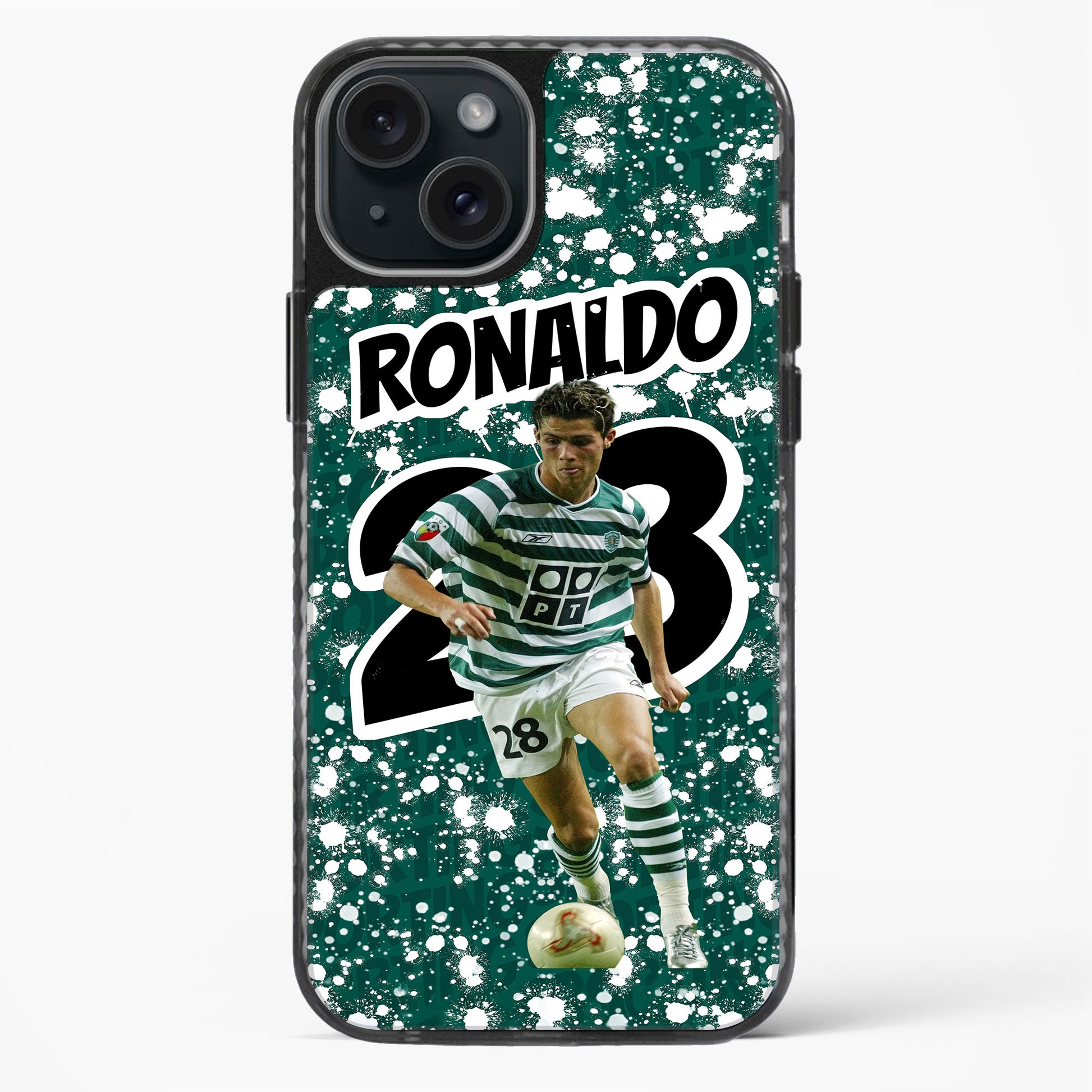 Phone case with soccer player in green and white striped jersey and number 23 on a green background