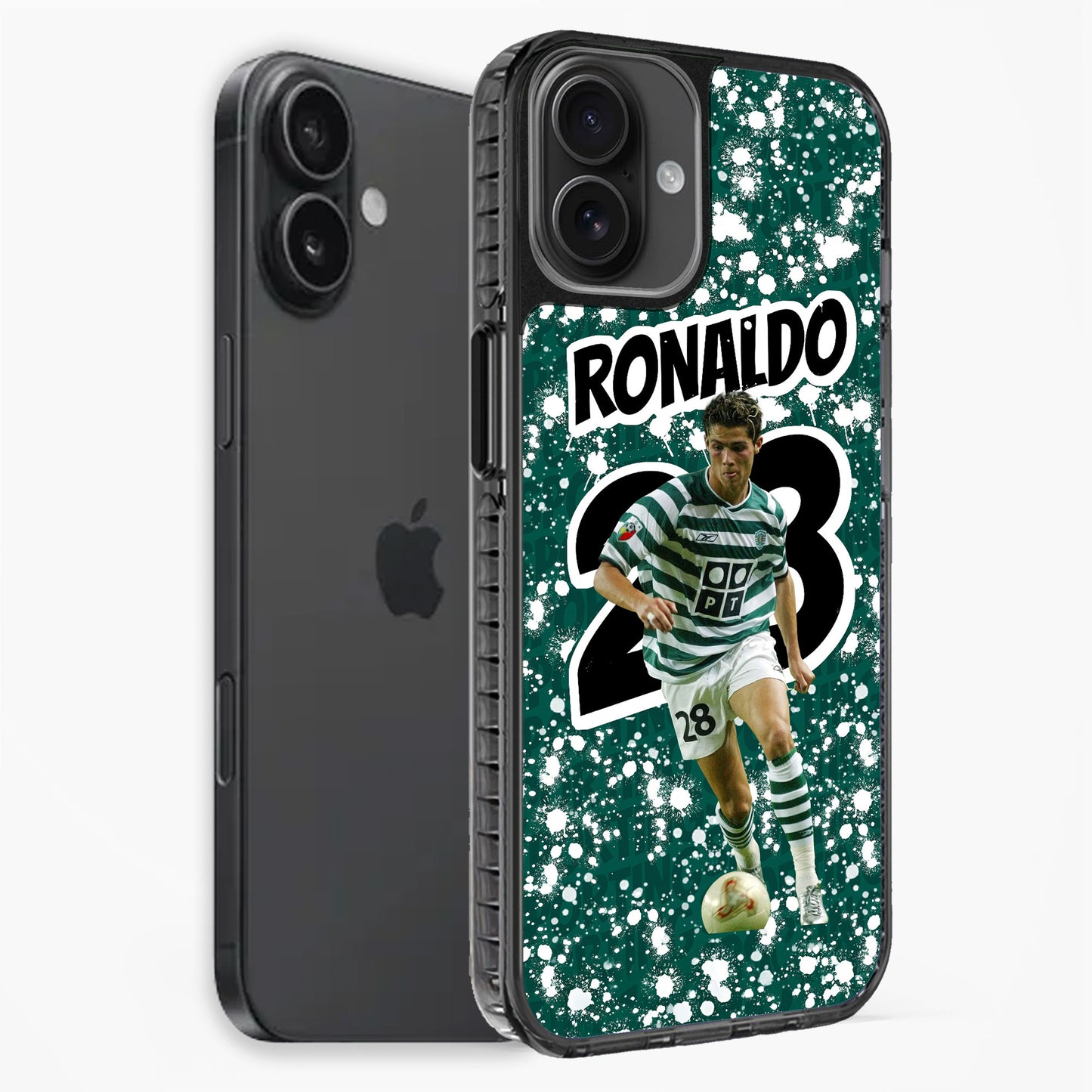 Phone case with soccer player design and 'Ronaldo' text on a green background