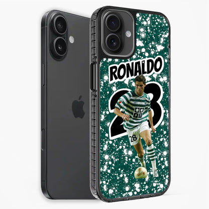 Phone case with soccer player design and 'Ronaldo' text on a green background