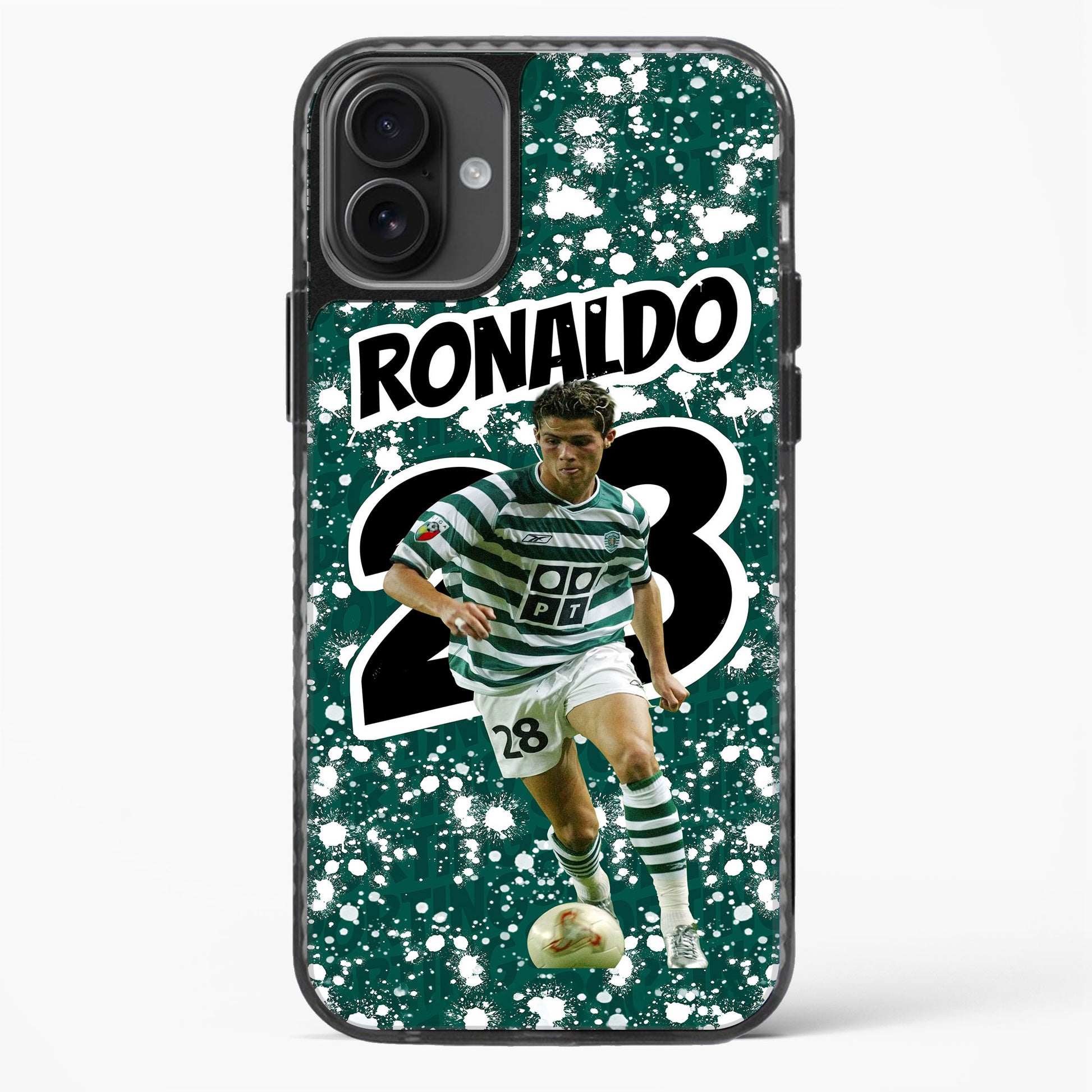 Phone case with soccer player in green and white striped jersey and 'RONALDO 23' text on a green background.