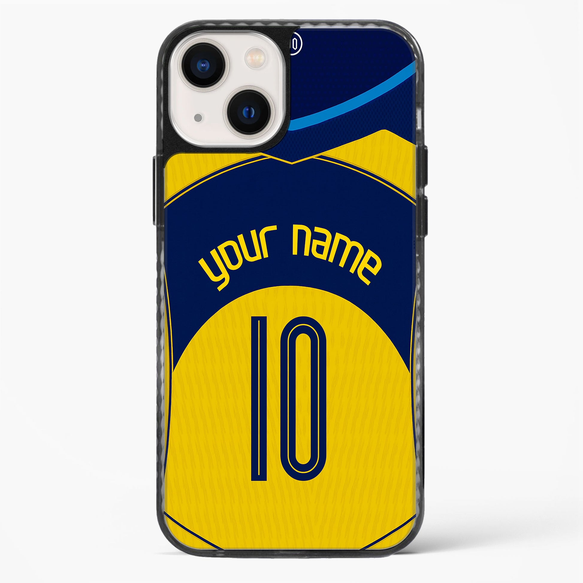 Phone case with blue and yellow design, customizable text, on a white background