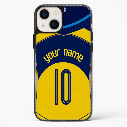 Phone case with blue and yellow design, customizable text, on a white background