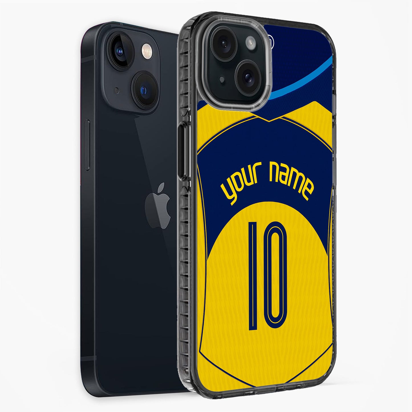 Phone case with blue and yellow design, customizable text, on a white background