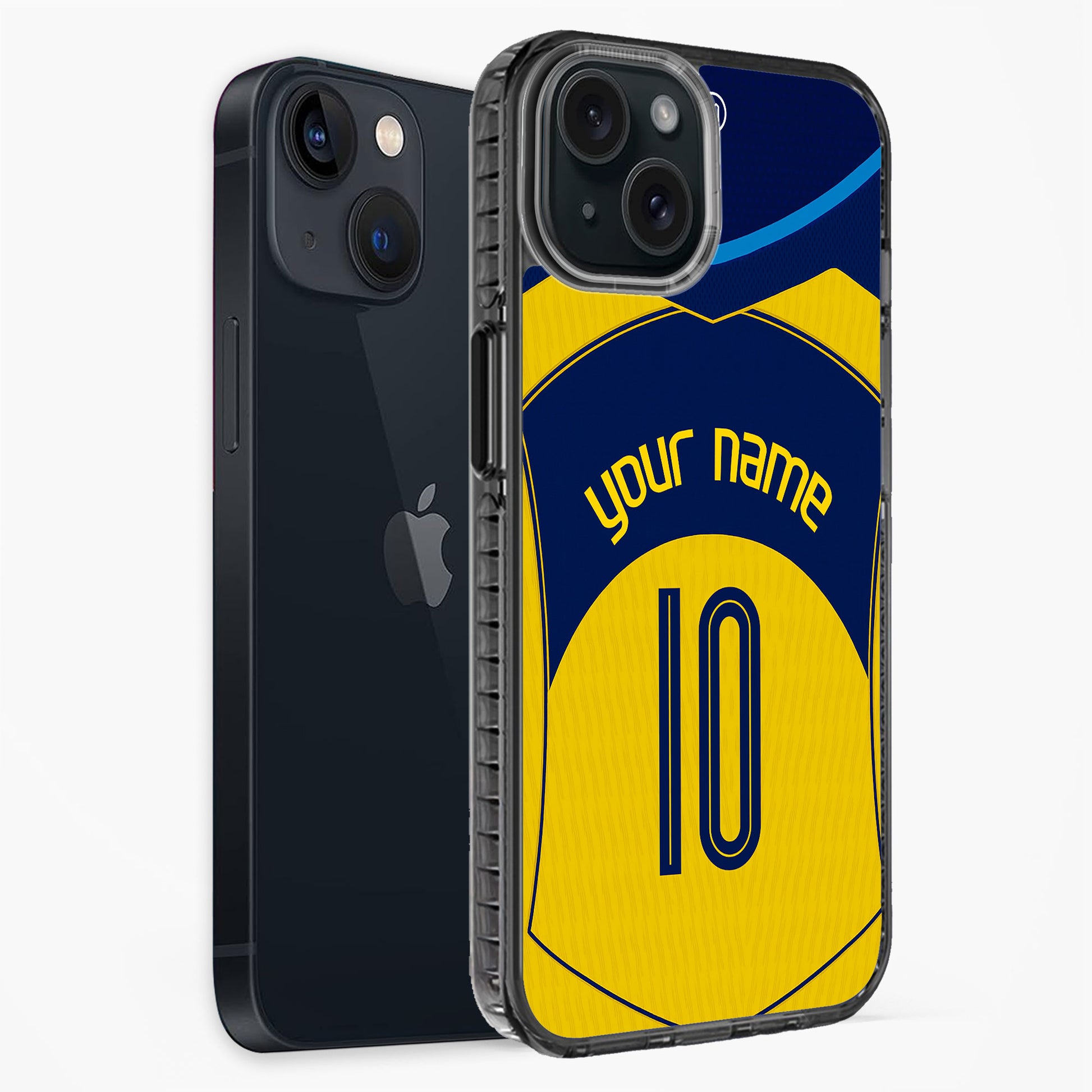 Phone case with blue and yellow design, customizable text, on a white background