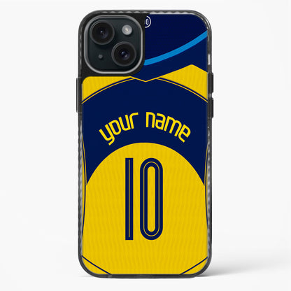 Phone case with blue and yellow design, customizable text, on a white background