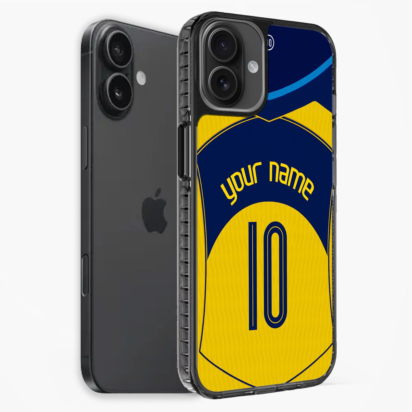Phone case with blue and yellow design, customizable text, on a white background