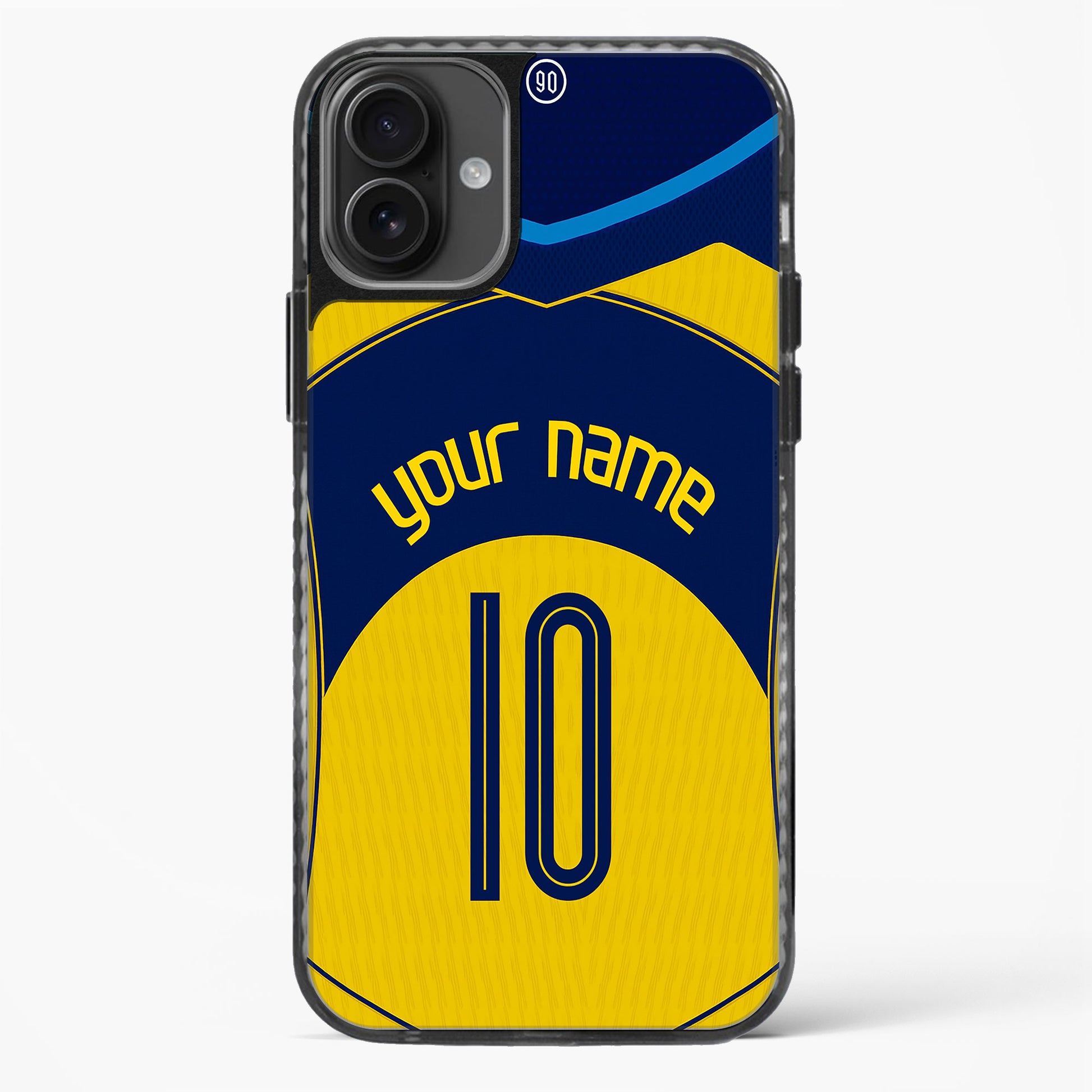 Phone case with blue and yellow design, customizable text, on a white background