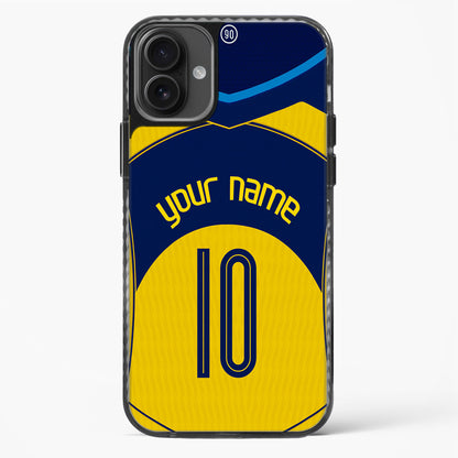 Phone case with blue and yellow design, customizable text, on a white background