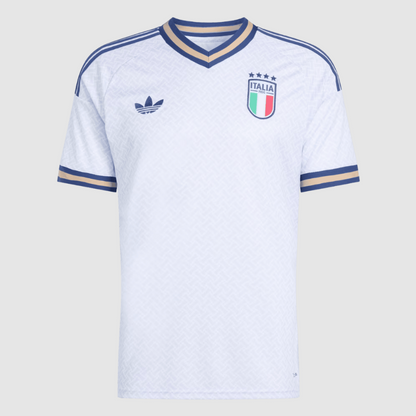 White soccer jersey with Adidas logo and Italian flag on a light gray background
